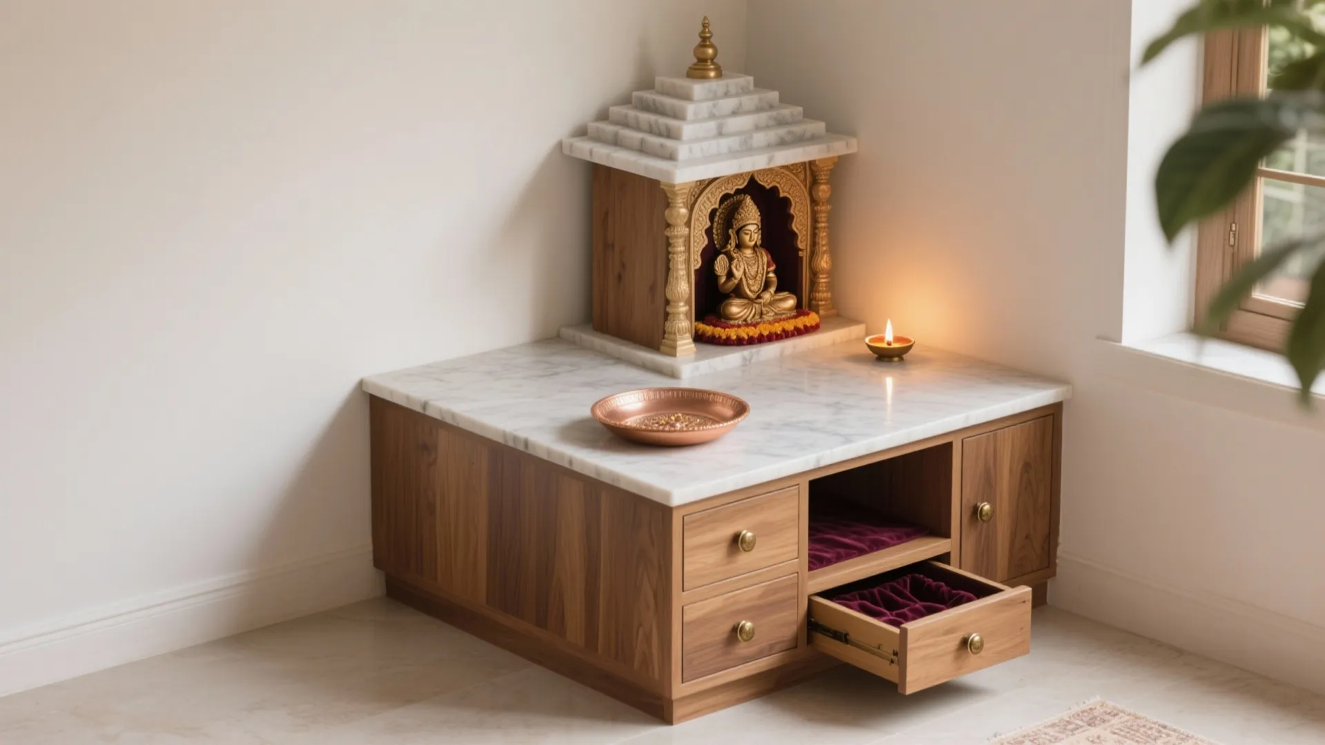 Corner Mandir with L-Shaped Storage Base