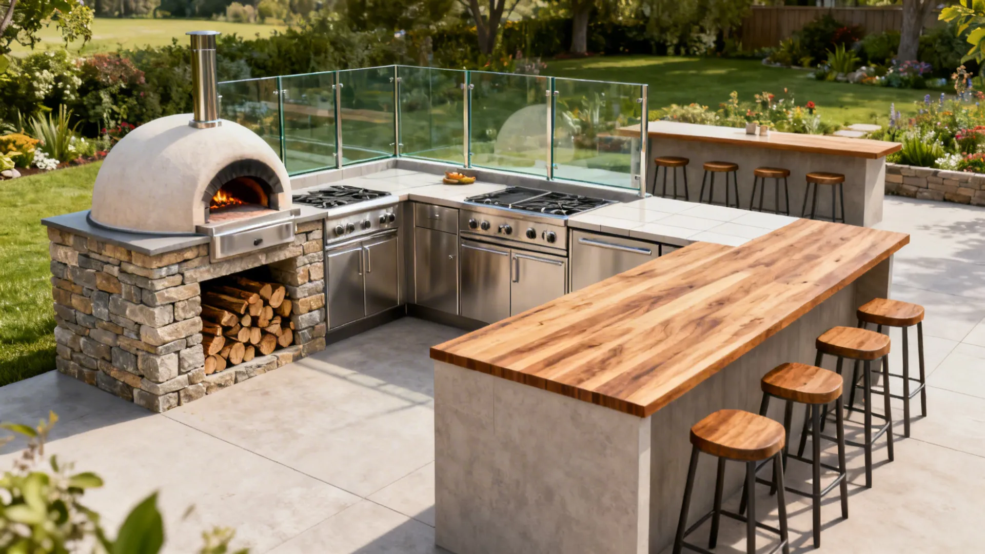 Outdoor kitchen with stone pizza oven l-shaped counters wooden bar stools and green garden background