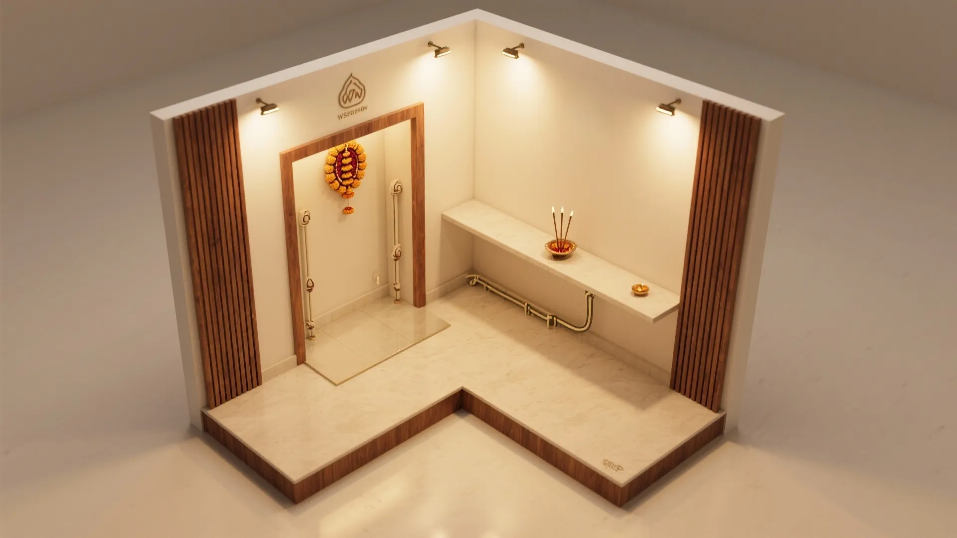 Compact Corner Pooja with L-Shaped Platform