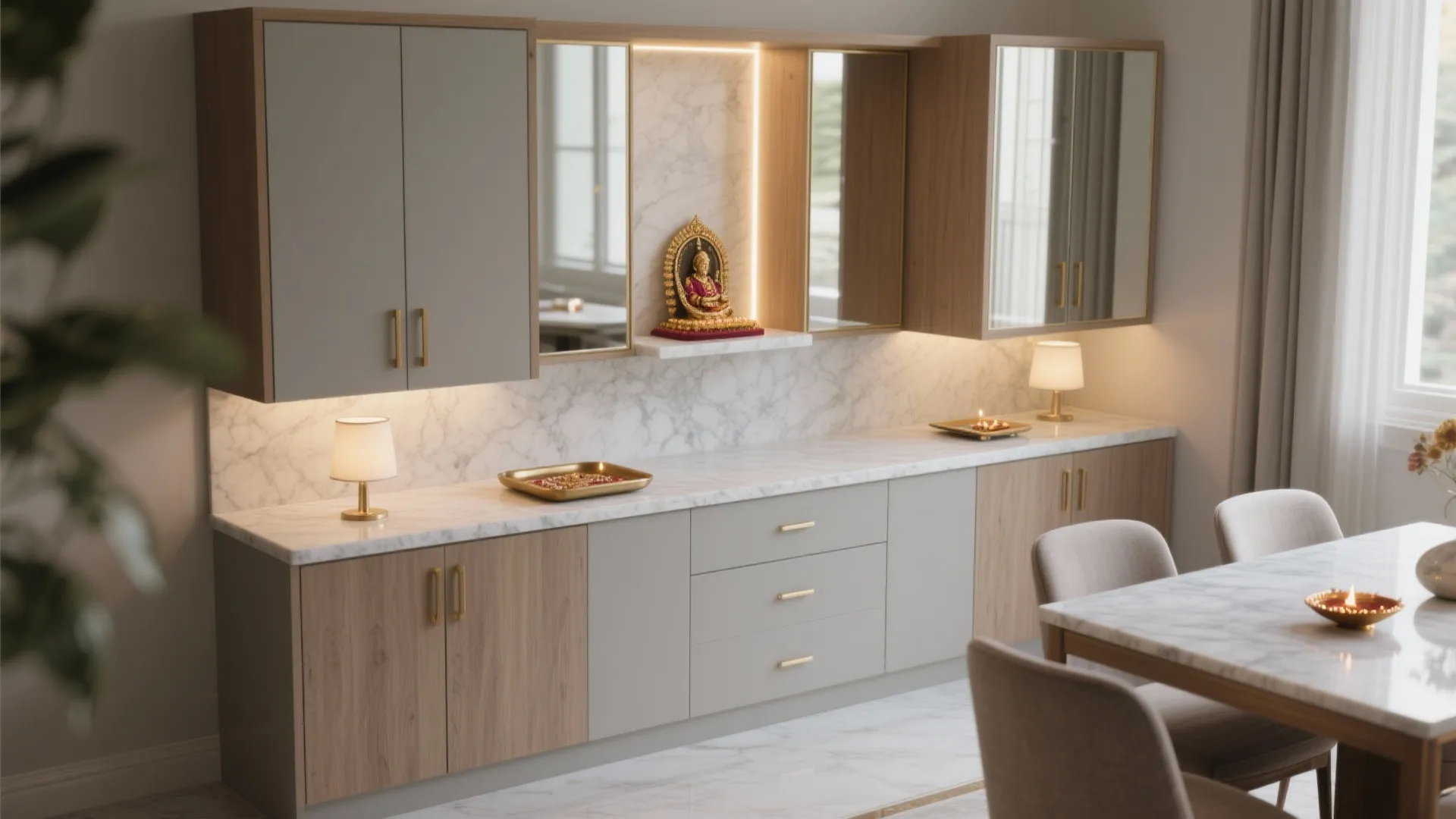 Compact Corner Unit with L-Shaped Base and Overhead