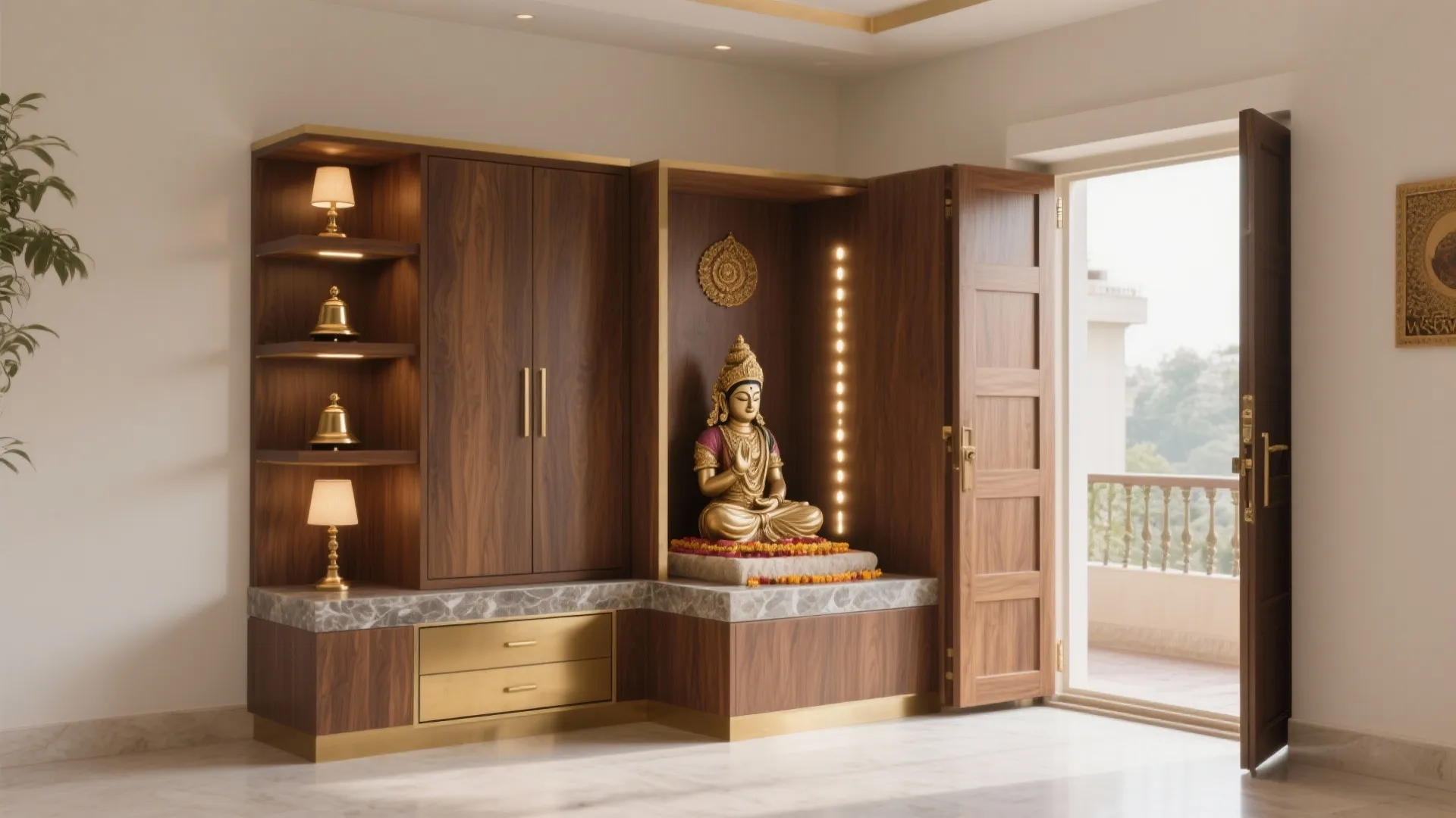 Wooden prayer cabinet in room corner with golden statue small bells and open balcony doors