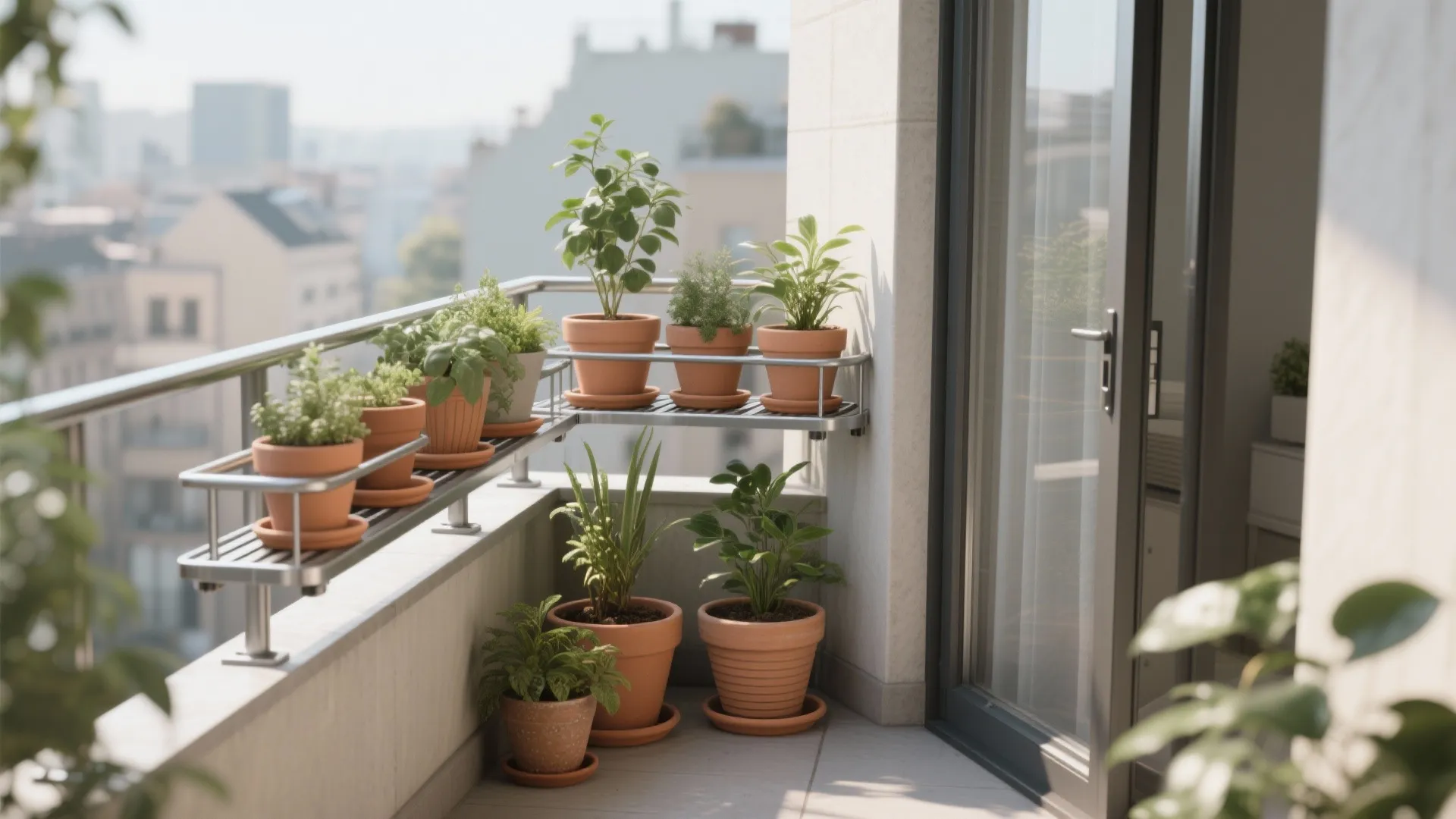 Corner-friendly L-shaped rack along the balcony rail