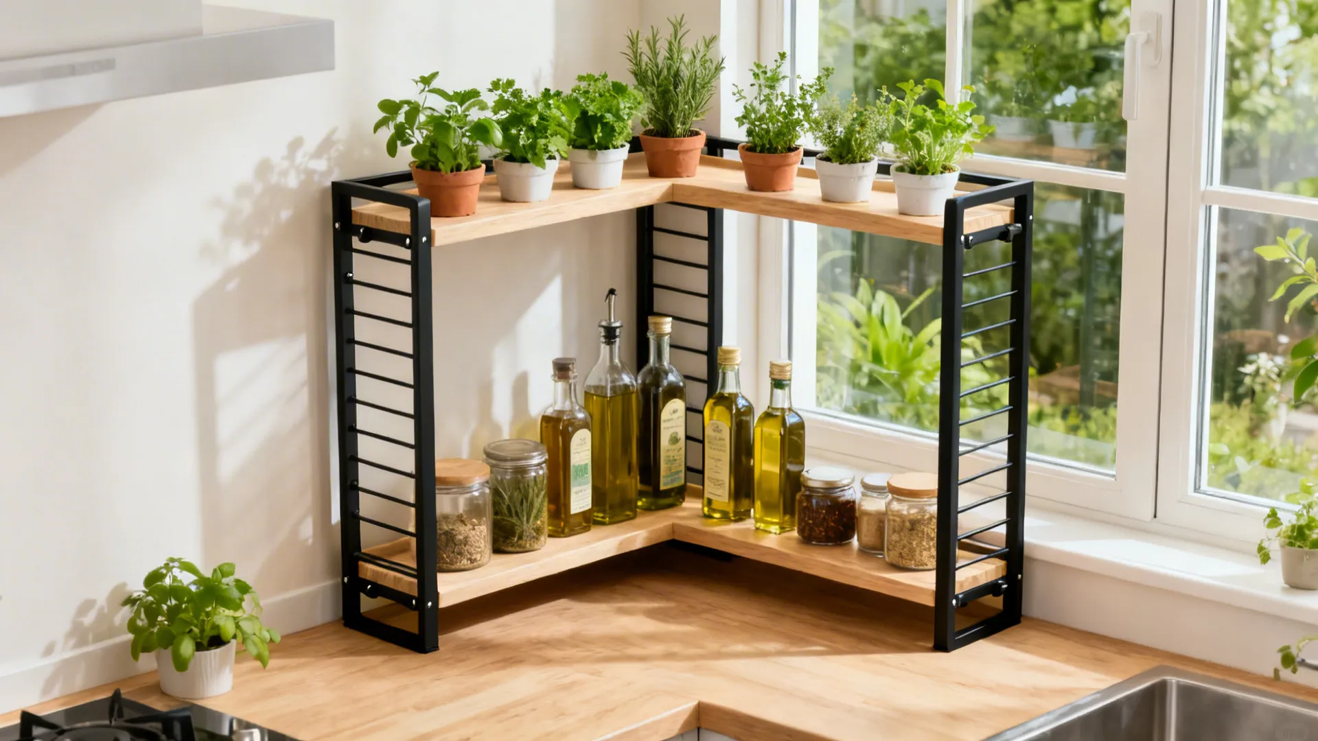 Two-tier L-shaped corner racks near a window with herbs above and oils below in a small kitchen.