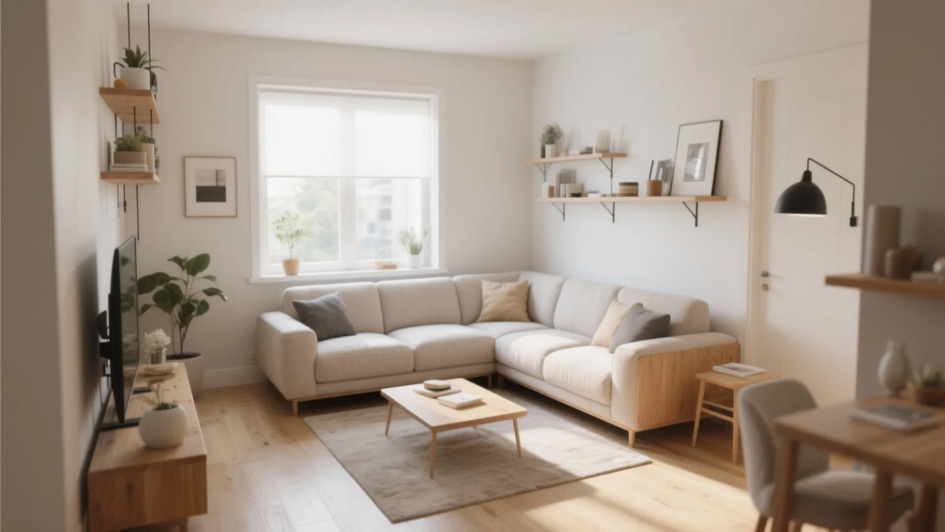 L-shaped sectional corner layout in small living room