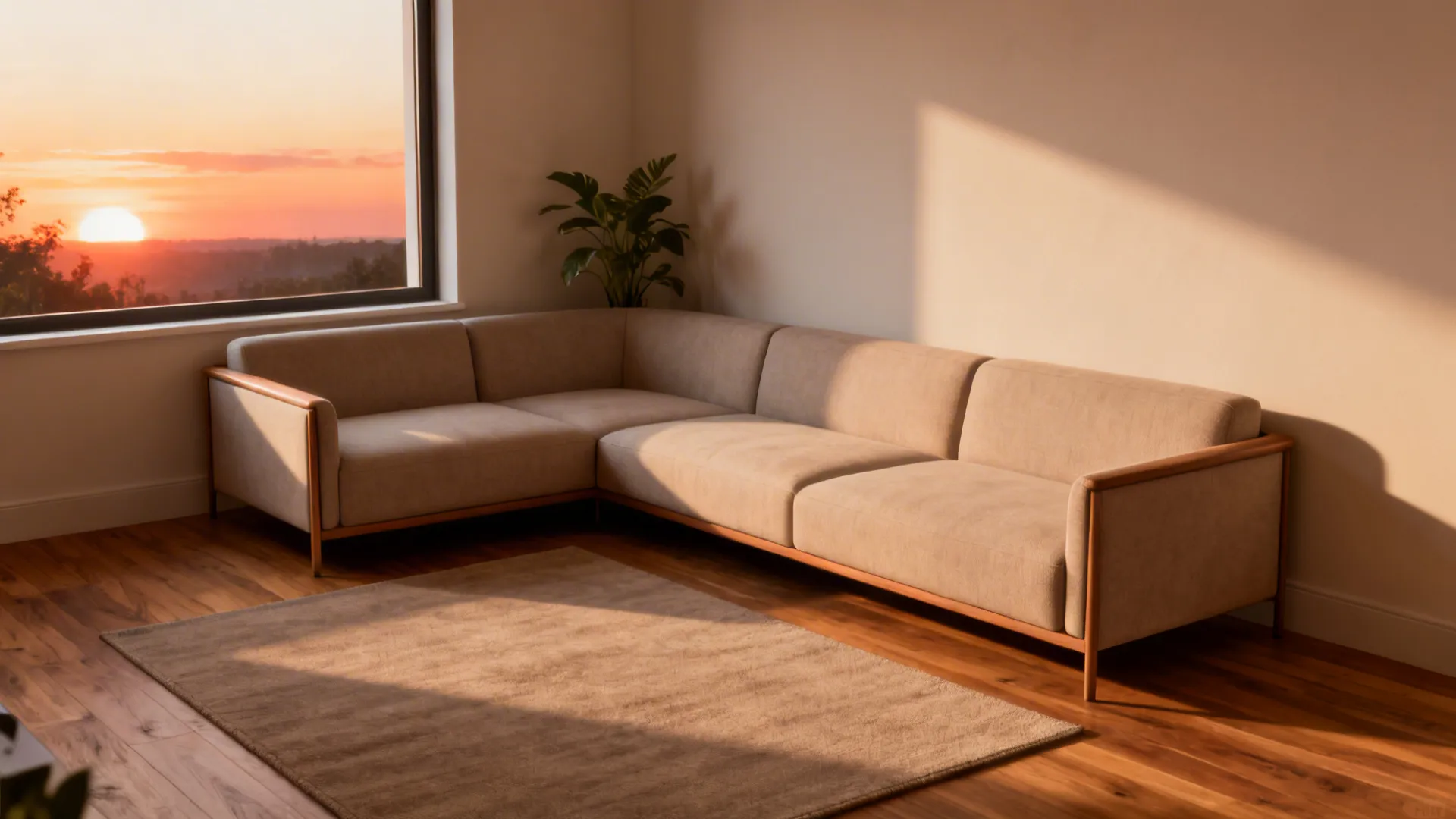 Compact L-shaped sectional seating hugging a corner with clear circulation space.