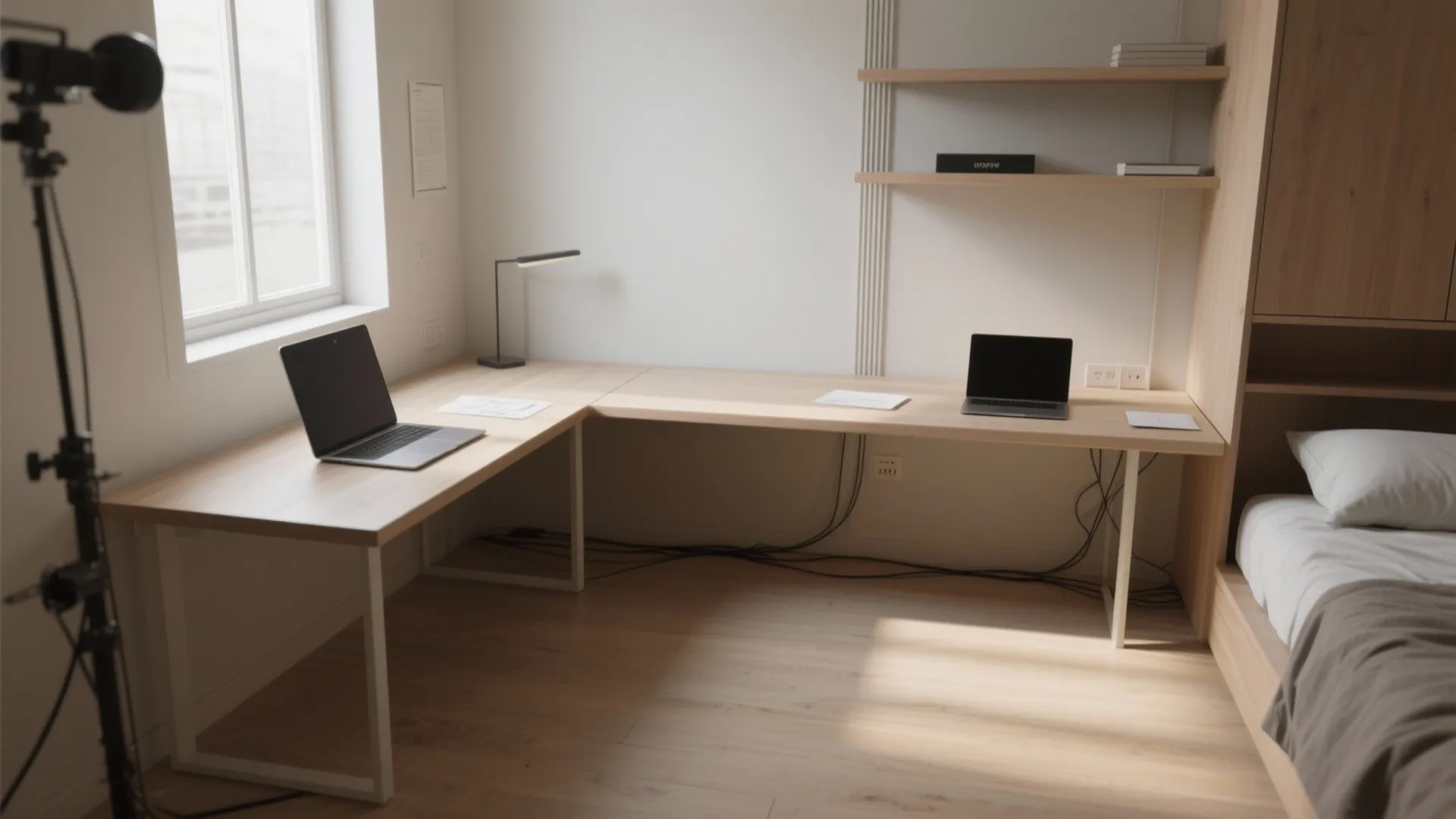 Modern wooden L-shaped desk with laptop, desk lamp, white walls, shelving, and bed in room
