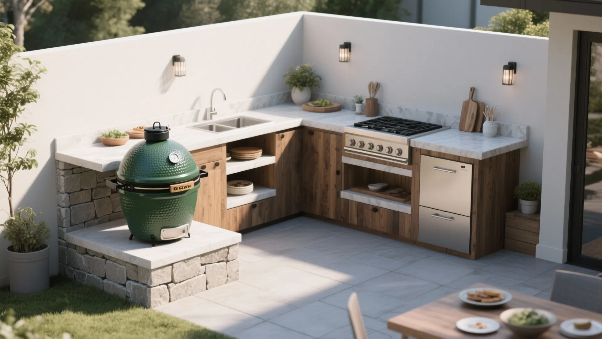 Modern outdoor corner kitchen with wooden cabinets and green egg grill on a stone base