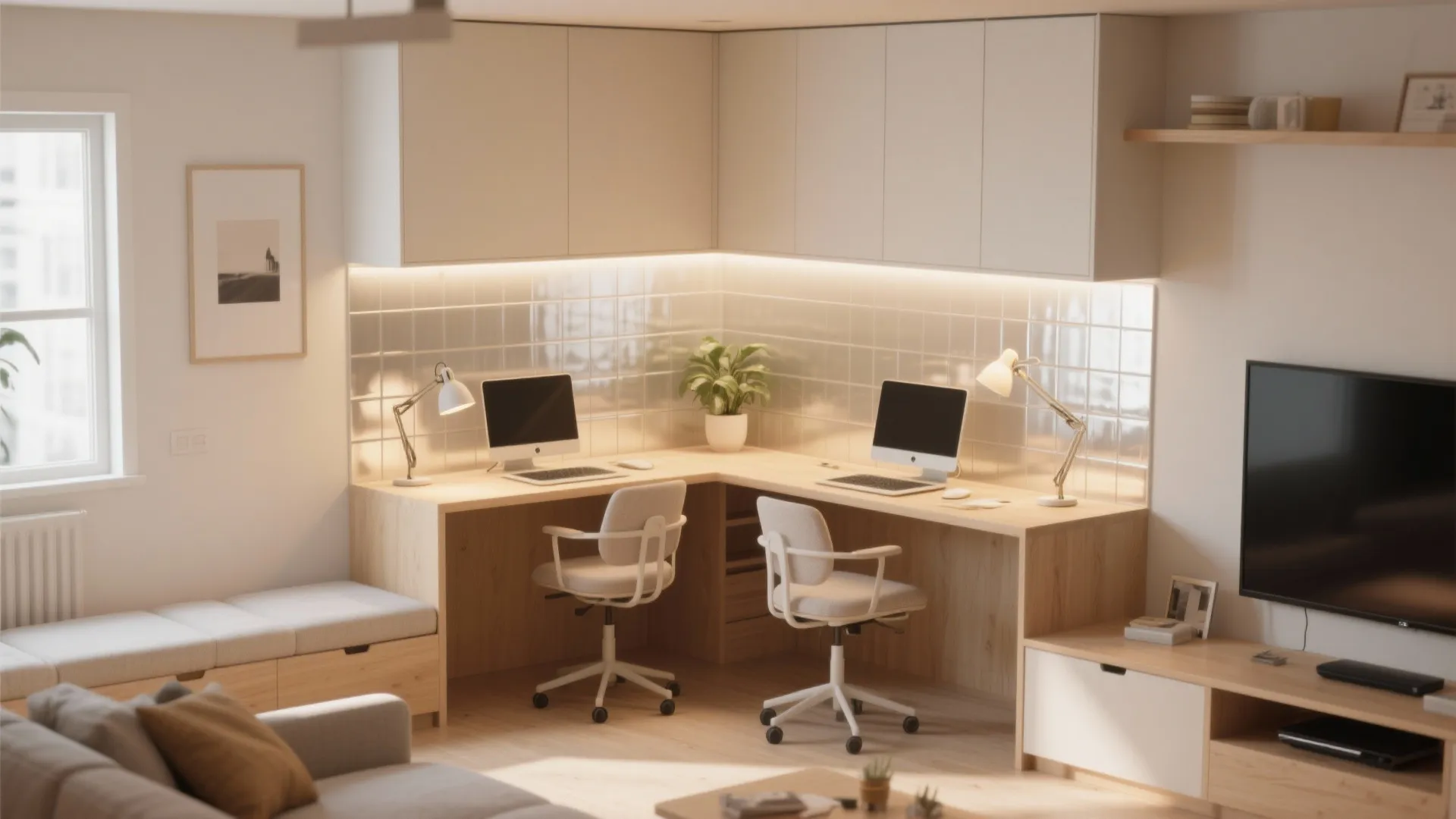 3. Corner L-shaped Workspace with Compact Seating
