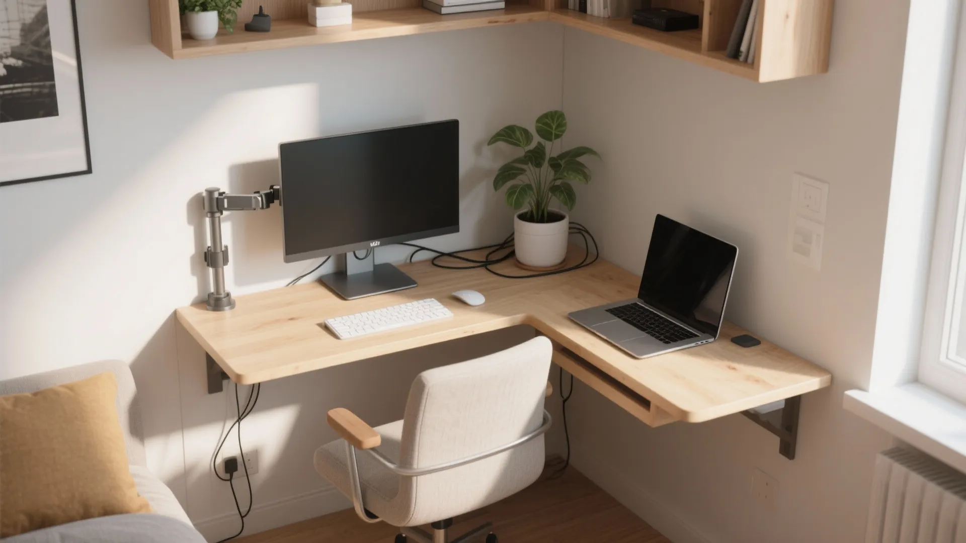 Corner home office setup with L-shaped floating wooden desk monitor on arm and white chair