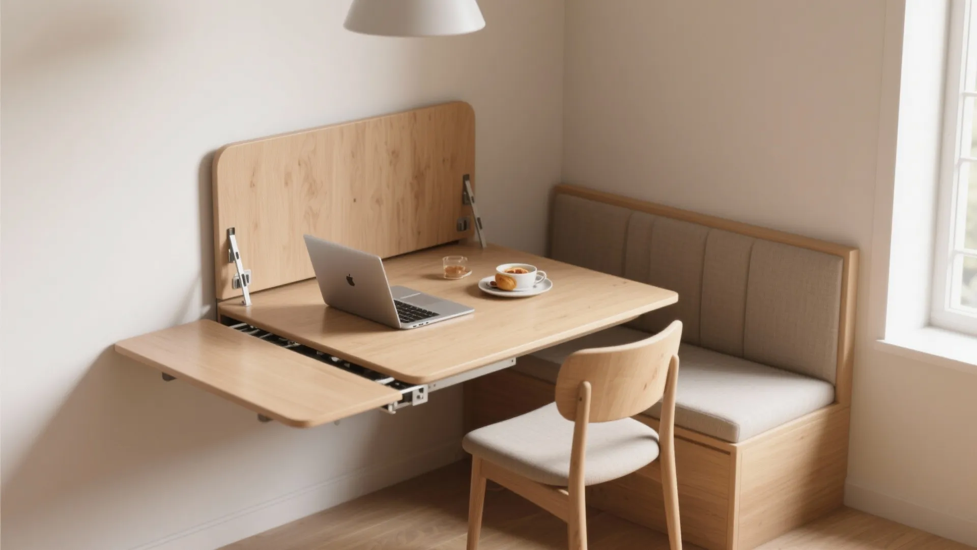 L-shaped corner drop leaf table expanded in an alcove, converting a nook into dining and workspace.