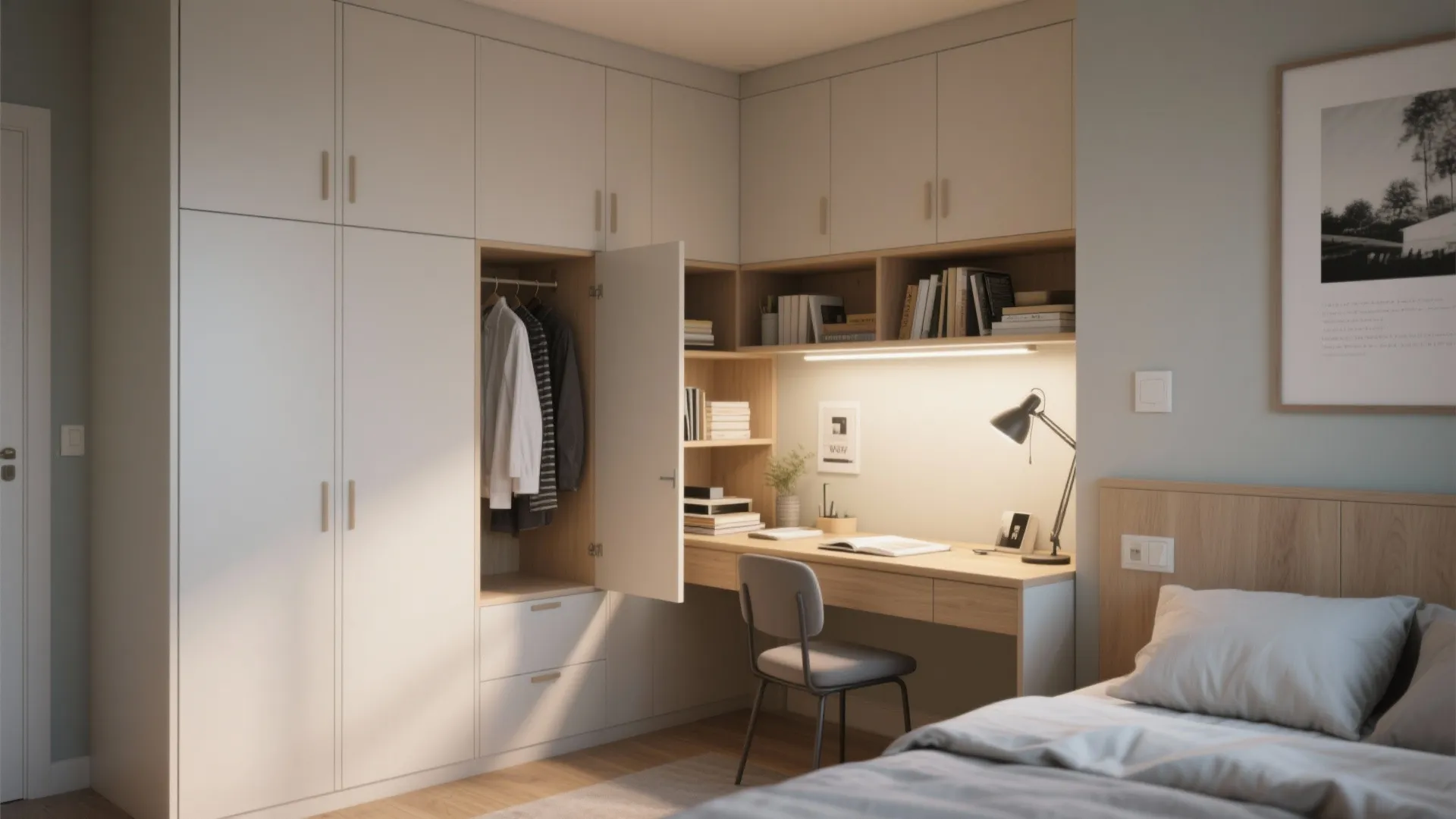 L-shaped corner wall cabinet doubling as desk and wardrobe in a compact bedroom.