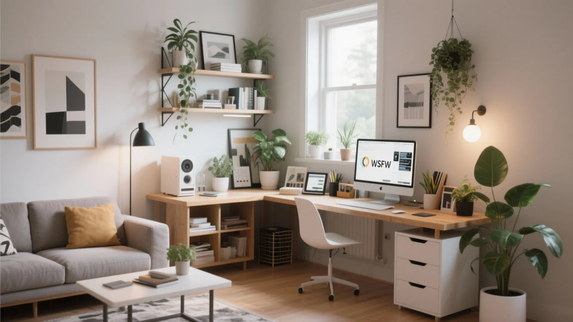 Modern home office with corner wooden desk computer white chair grey sofa and green plants
