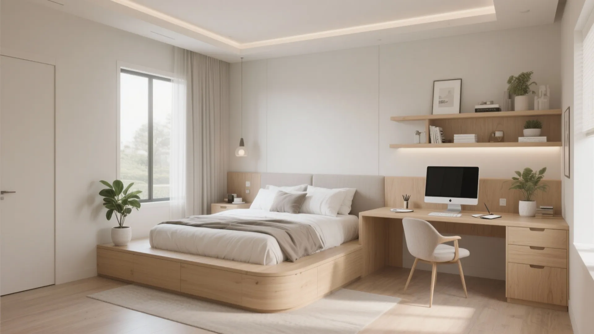 Modern bedroom with wooden bed frame integrated desk computer chair wall shelves and natural lighting