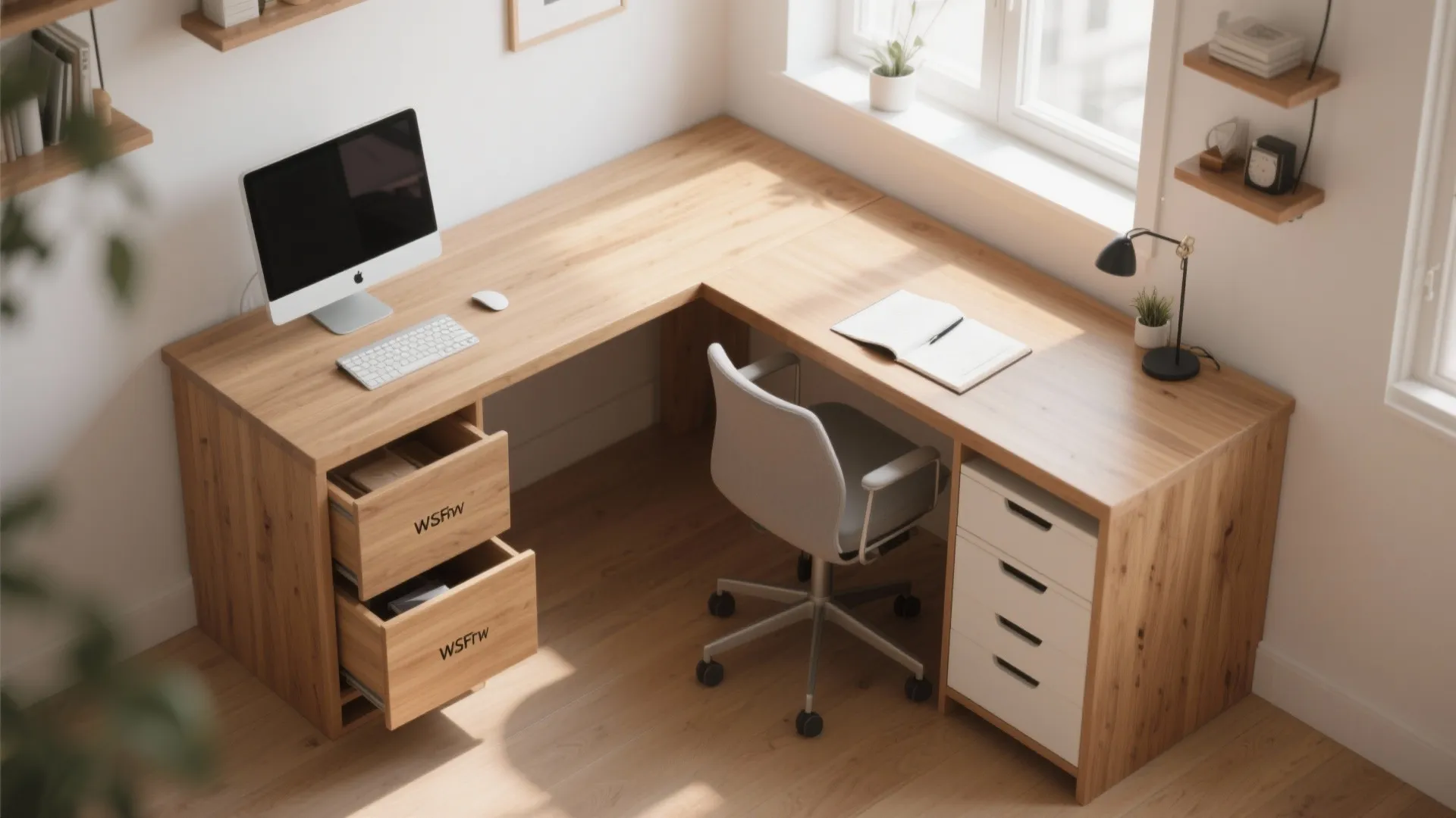 Wooden L-shaped desk with a computer and open drawers next to a bright room window