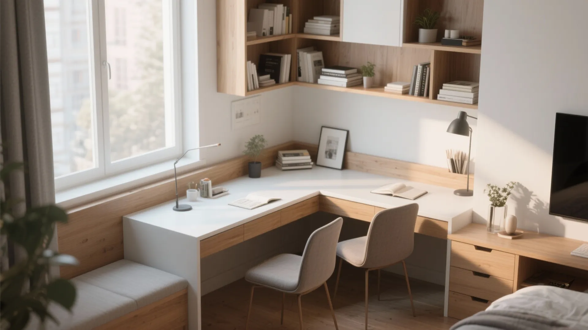 Corner study nooks with L-shaped tables