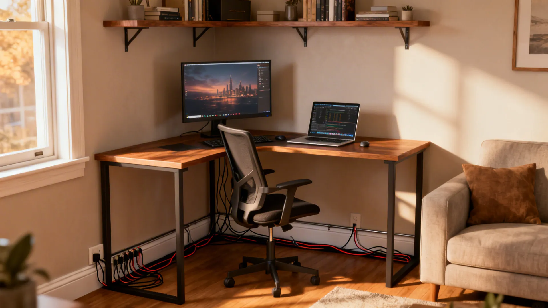 L-shaped corner desk maximizing a living-room corner with dual surfaces and tidy cables.