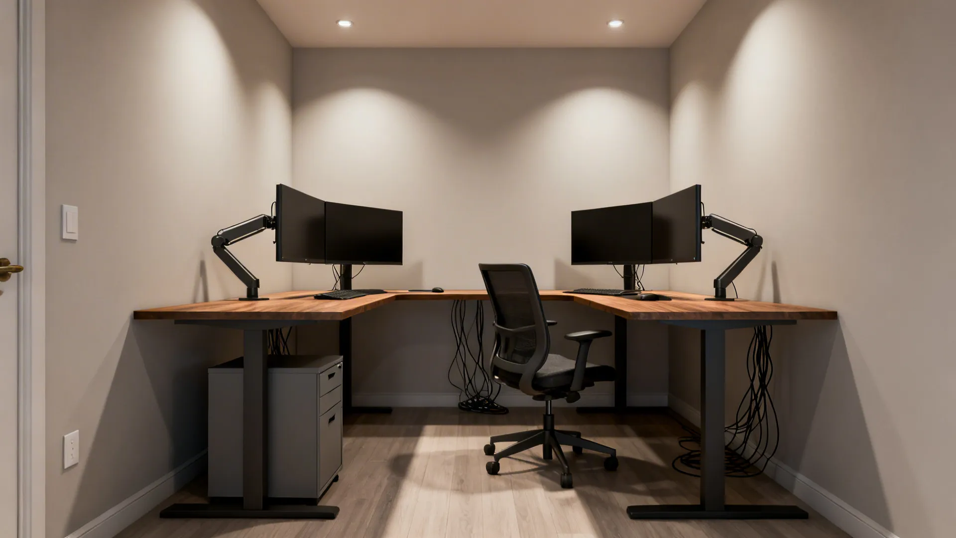 Corner L-shaped desk with dual monitors, filing cabinet, and clear walkway in a compact office