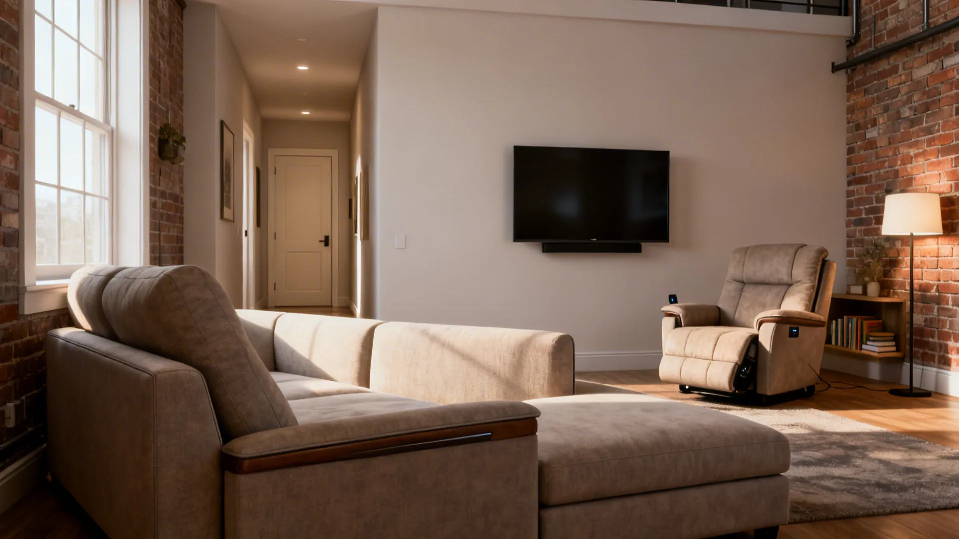 Loft living room with an L-shaped sectional and one powered recliner keeping the walkway clear.