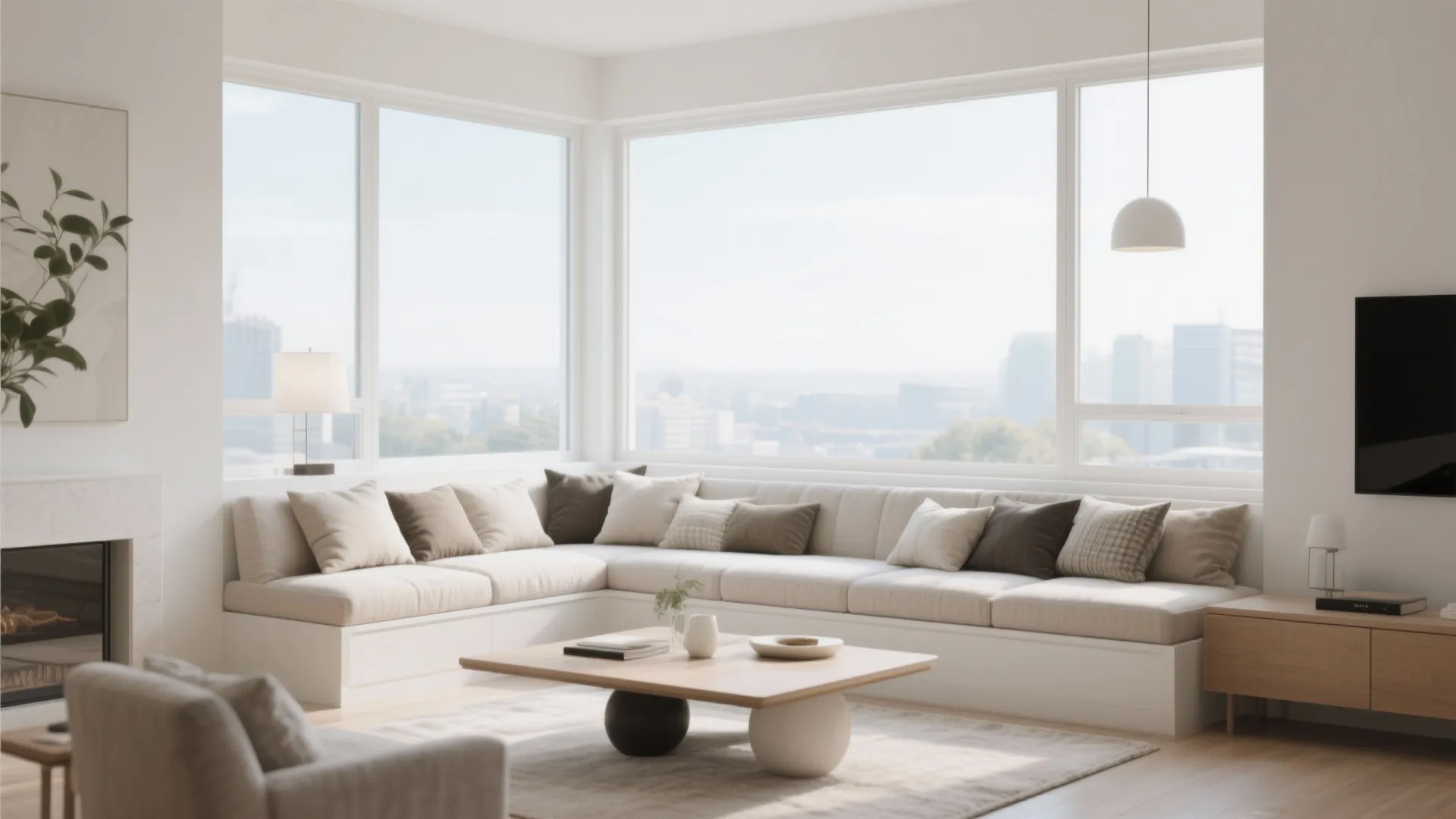 Large cream corner sofa under big windows with city view wooden coffee table and light