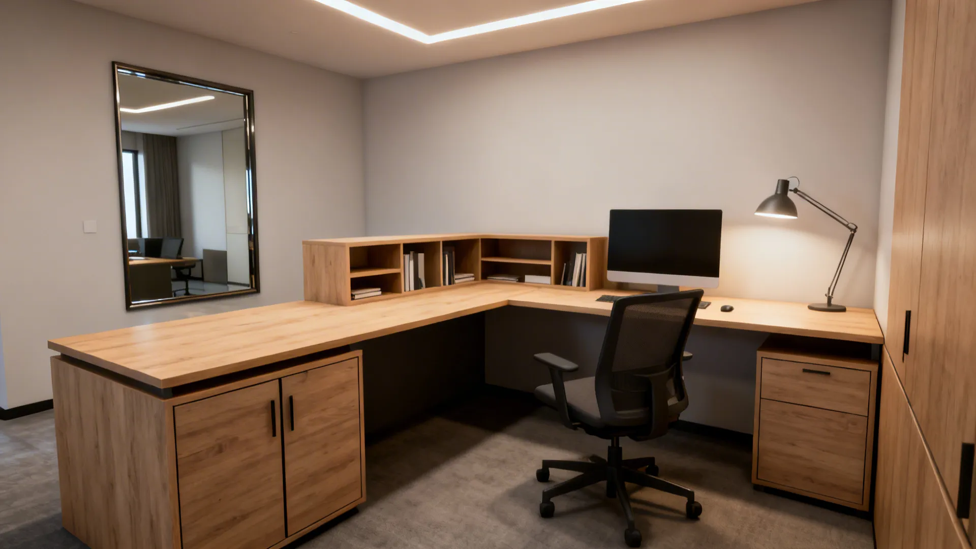 L-shaped corner desk with shelving and a mirror to open the space.