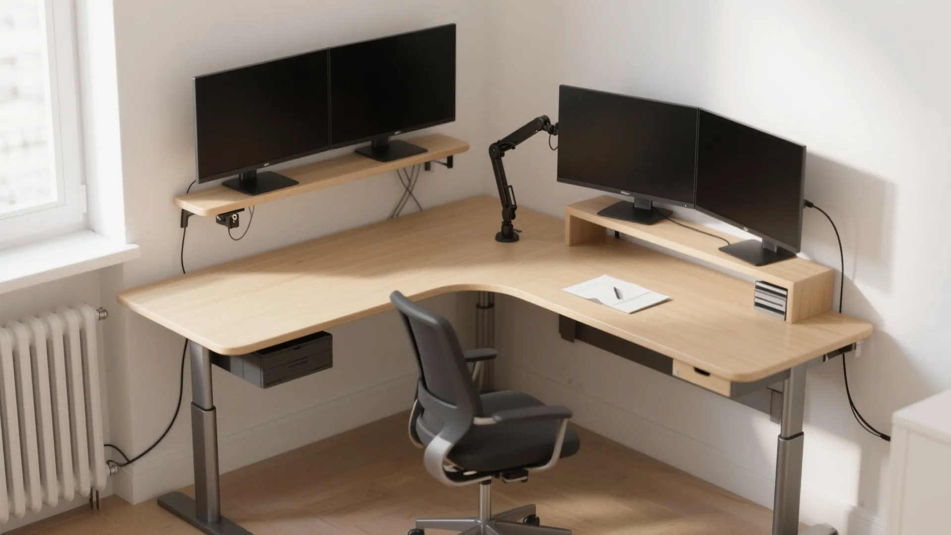 3. Corner L-Shape with a Clamp-On Shelf