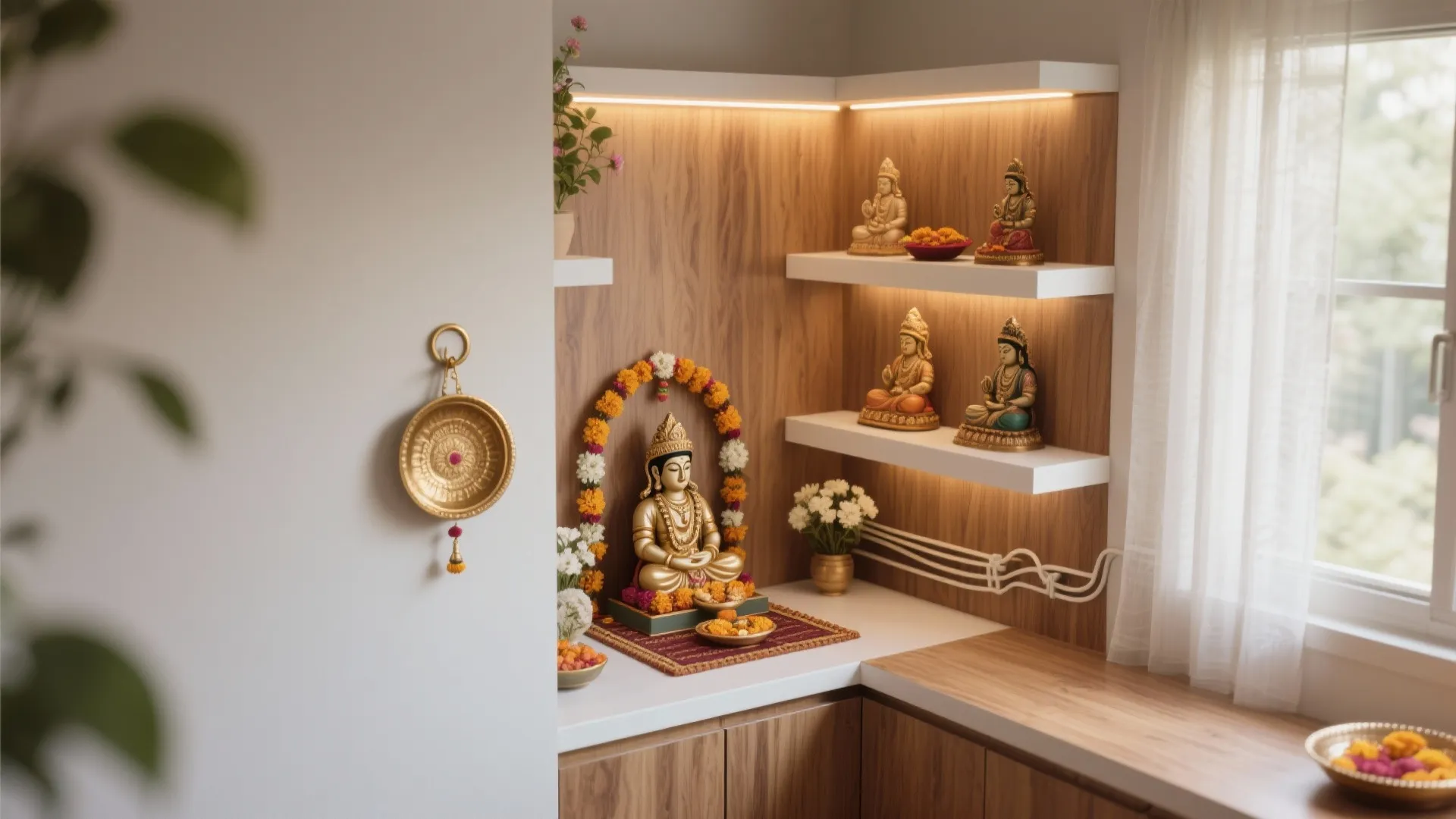 Corner Pooja with L-Shaped Shelving and Under-Cabinet LEDs