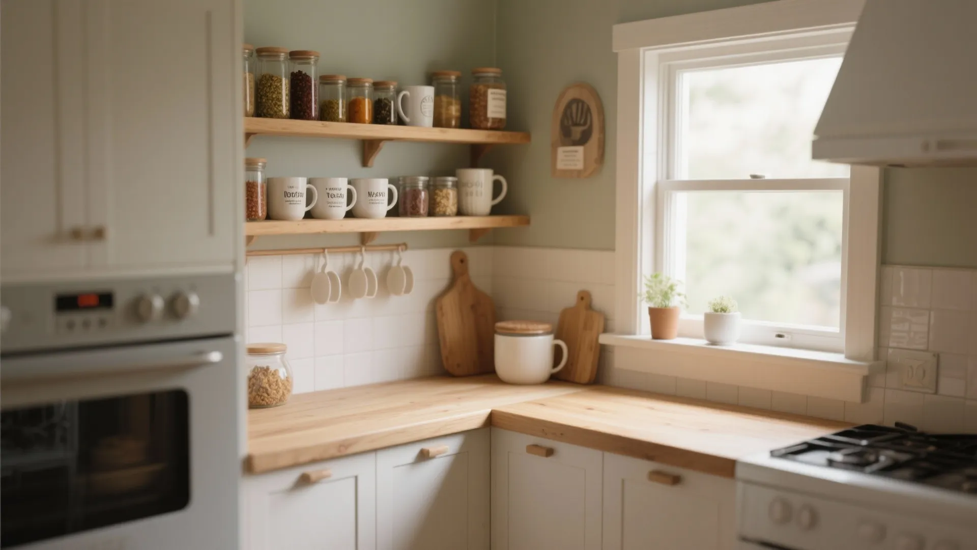 L-shaped kitchen corner with wooden countertop white cabinets and open shelves for jars and mugs