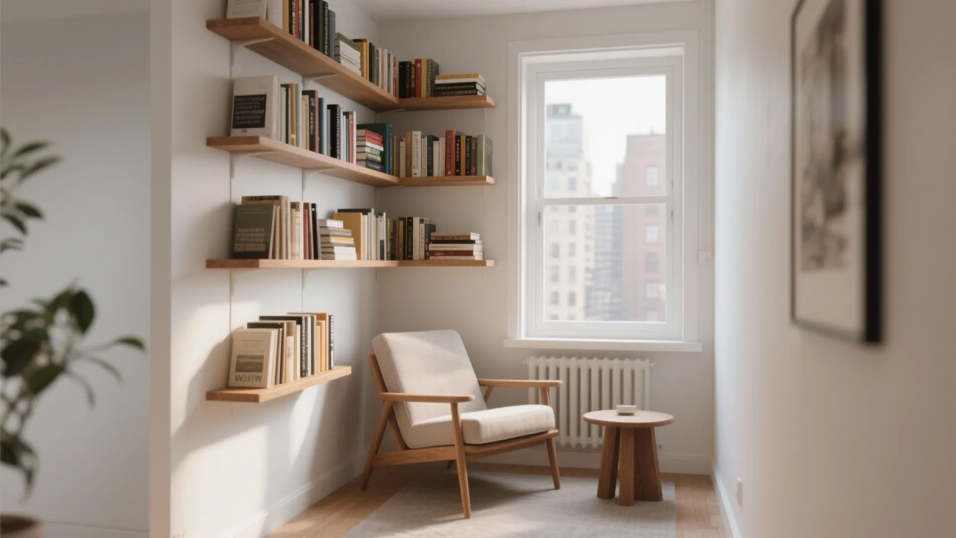 Small reading nook with wooden corner shelves and white chair next to bright sunny window