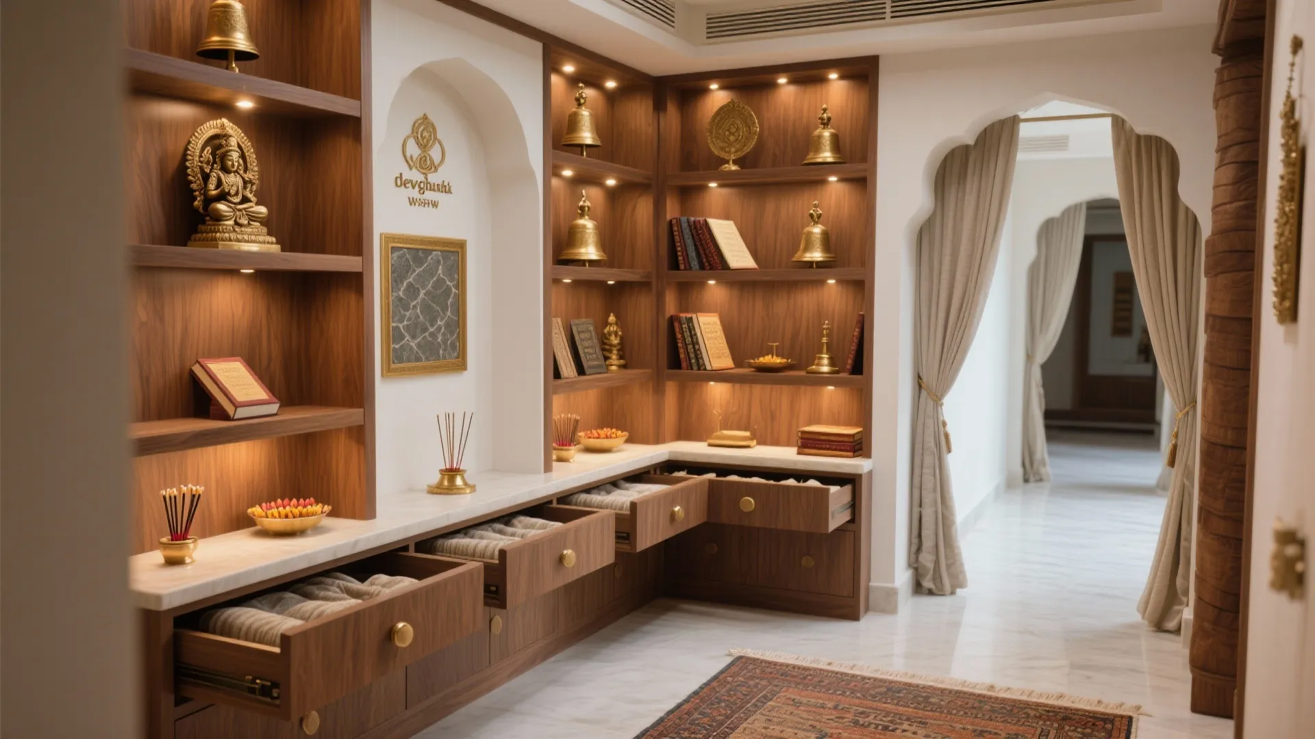 Wooden wall shelves with gold bells and books next to a white arched curtain doorway