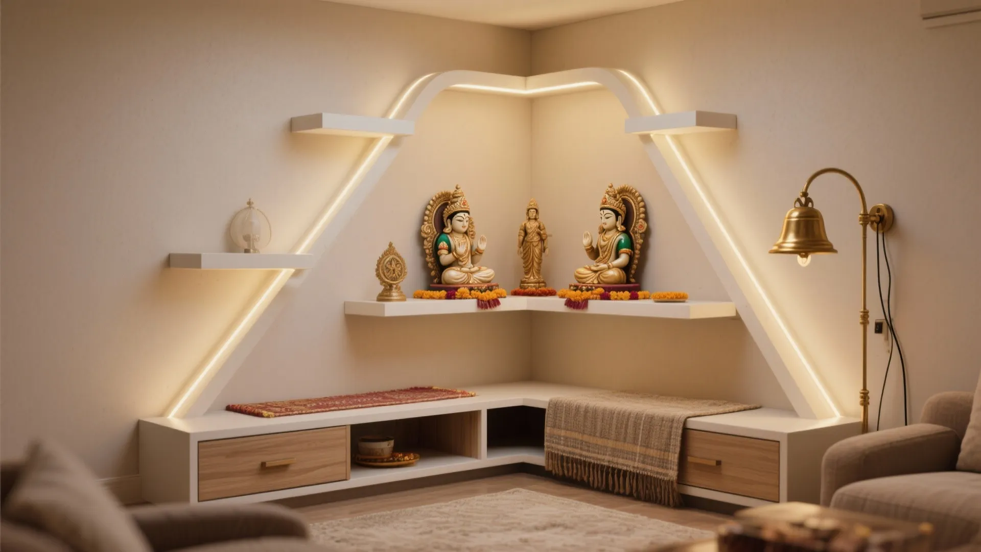 Corner pooja with L-shaped shelves, warm LEDs, and a hidden drawer in a small living room.