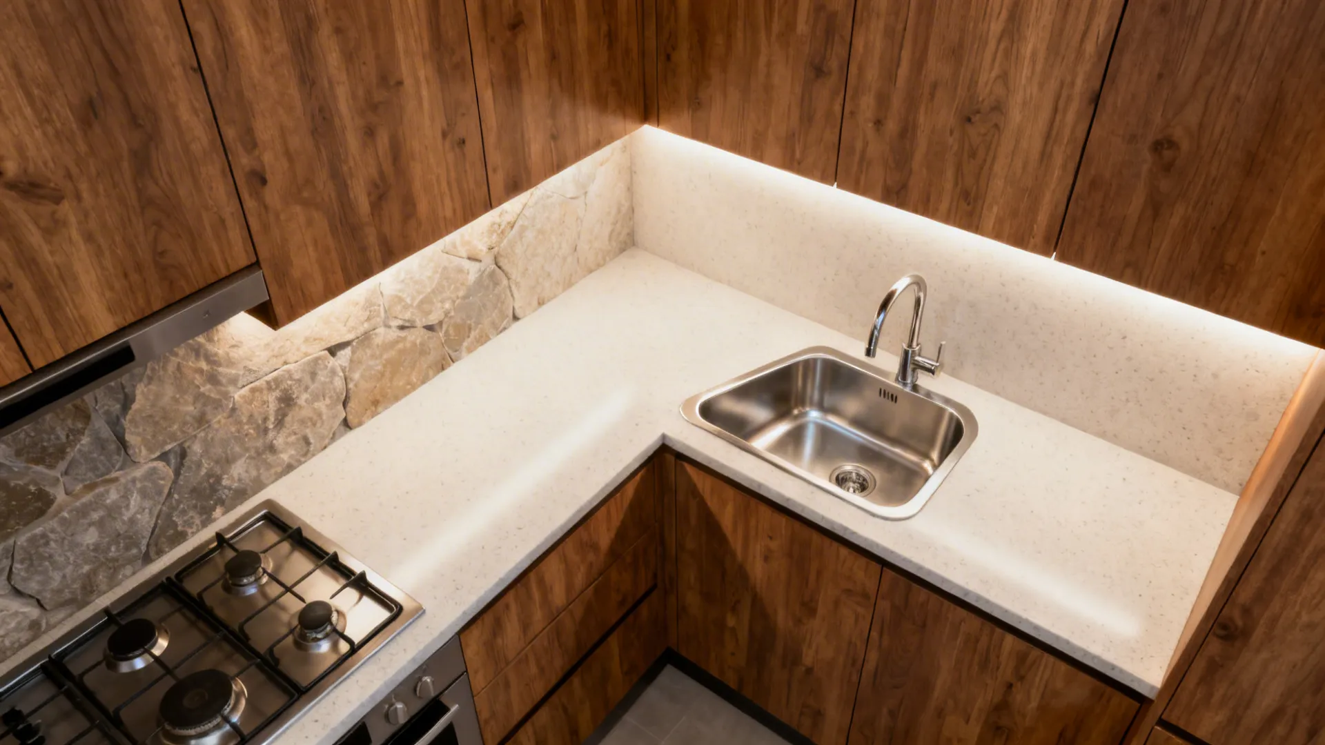 L-shaped compact kitchen with a diagonal corner sink and bright task lighting.