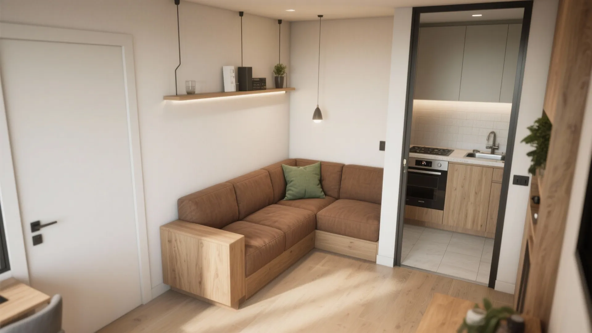 Brown corner sofa with green pillow next to doorway showing a small modern wooden kitchen