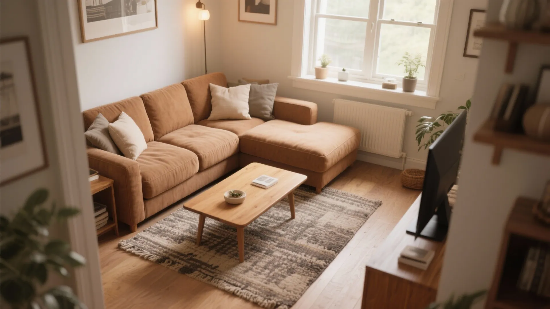 Modern cozy living room with brown sofa wooden coffee table patterned rug and large bright window