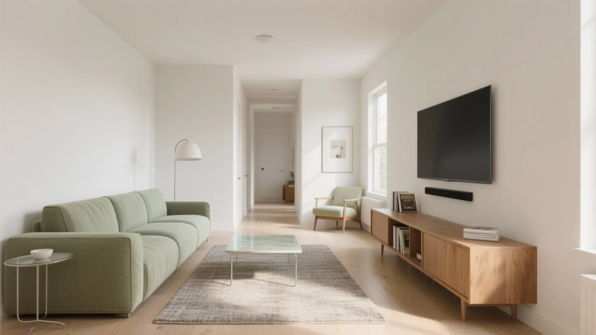 Modern bright living room with green sofa wooden cabinet black television white walls and natural light