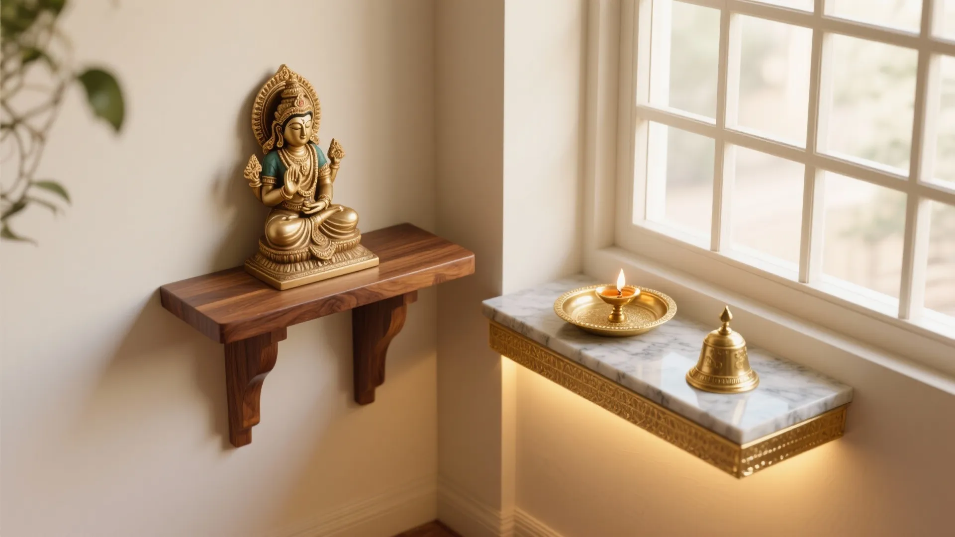 Corner room layout with wooden shelf holding golden statue and marble shelf near a window