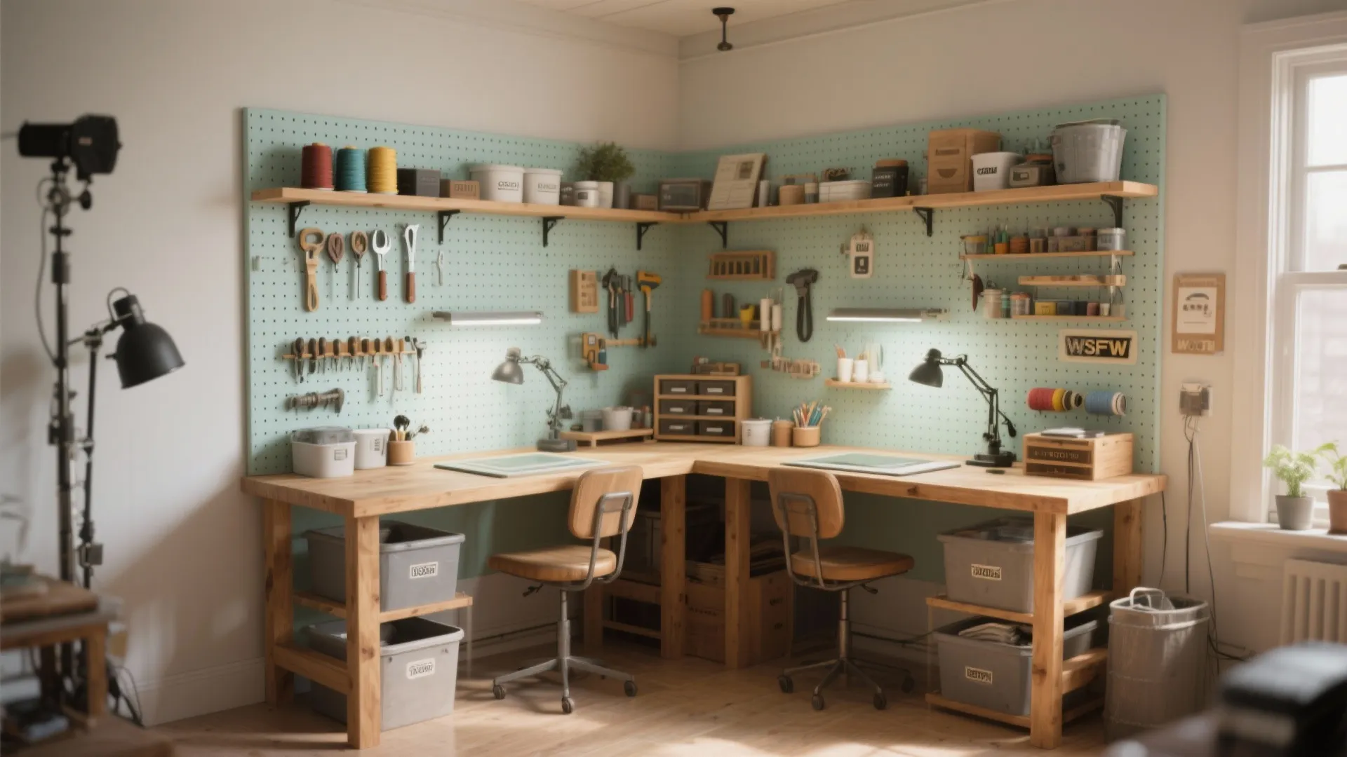 Wooden corner L shaped desk with two chairs and green wall panel for hanging various tools