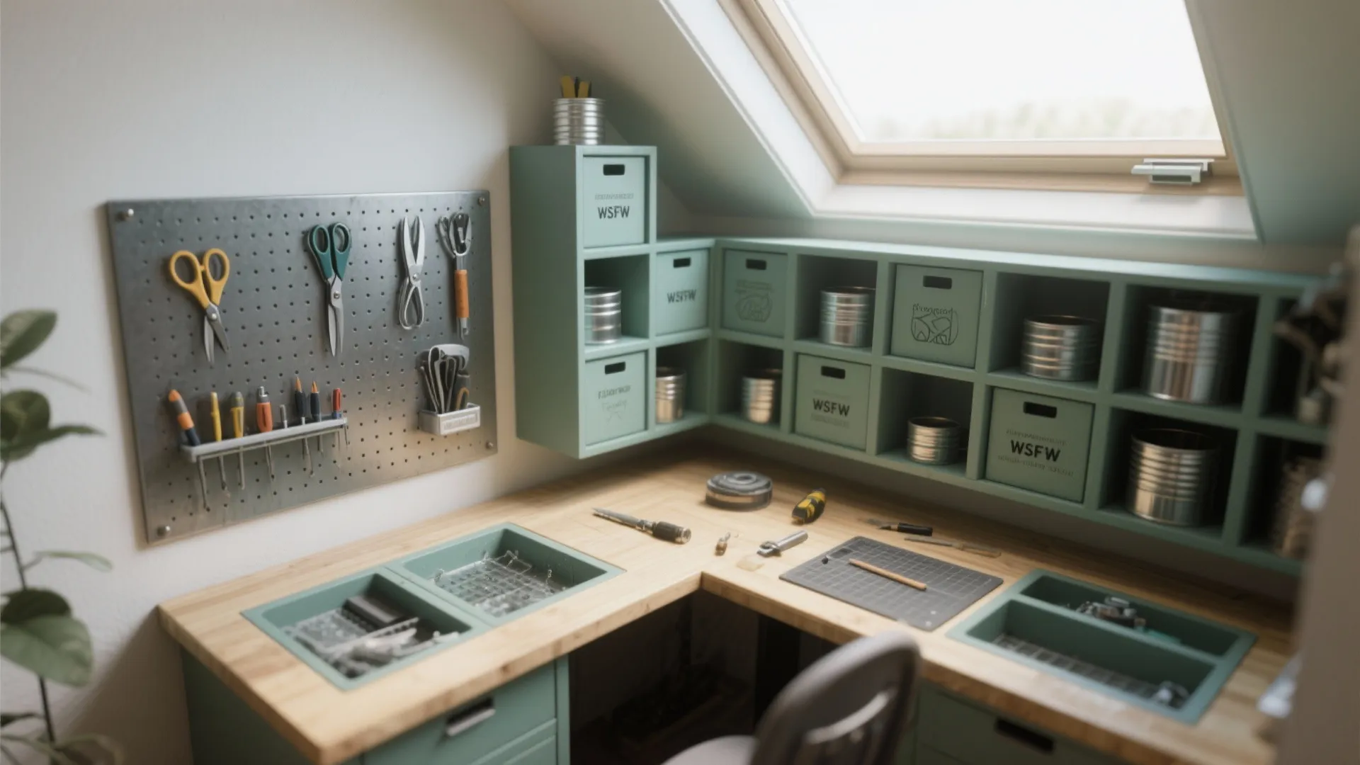 Organized green workshop corner featuring wooden desk pegboard tools and storage boxes under slanted window