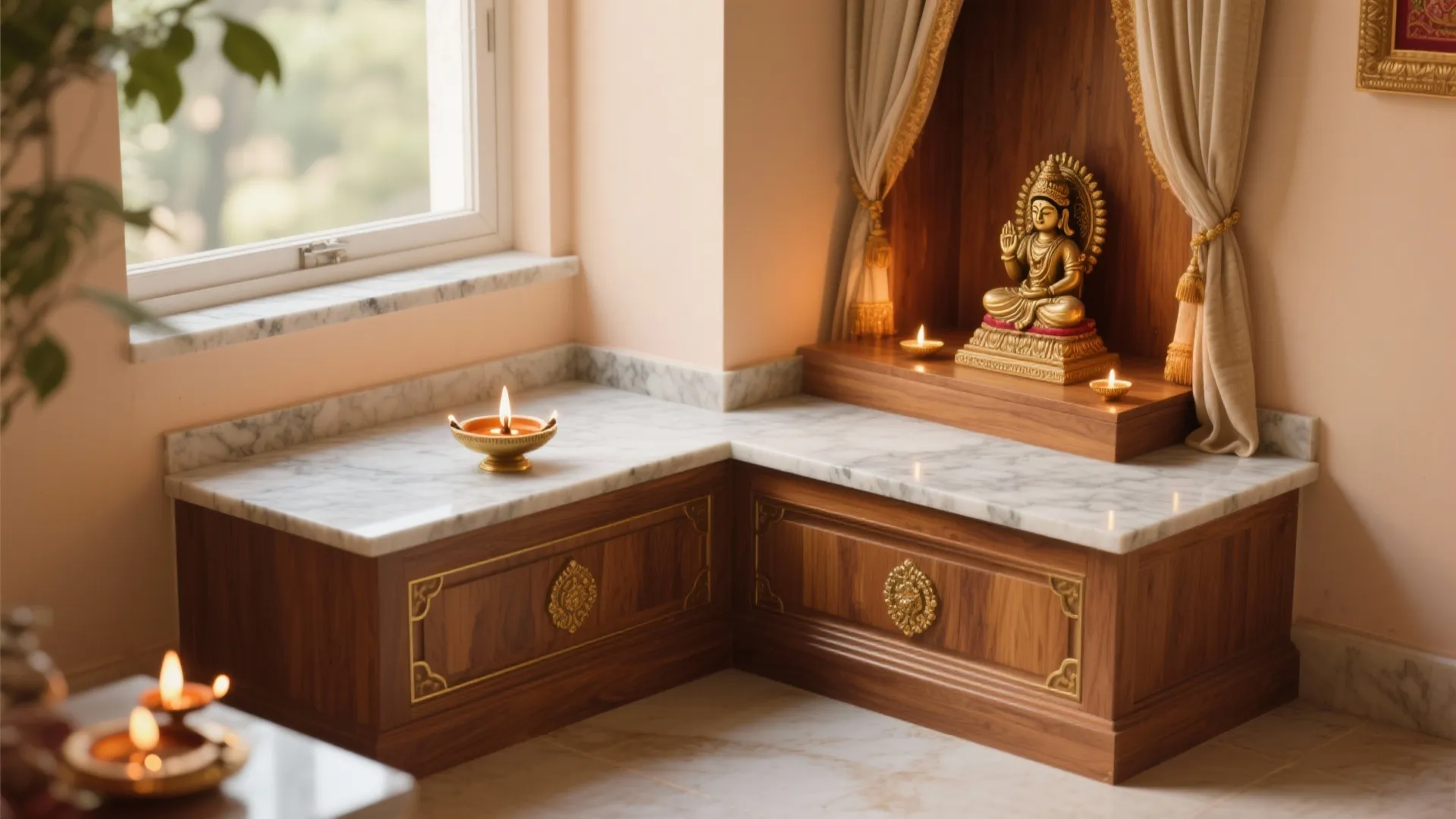 Compact Corner Temple With L-shaped Base