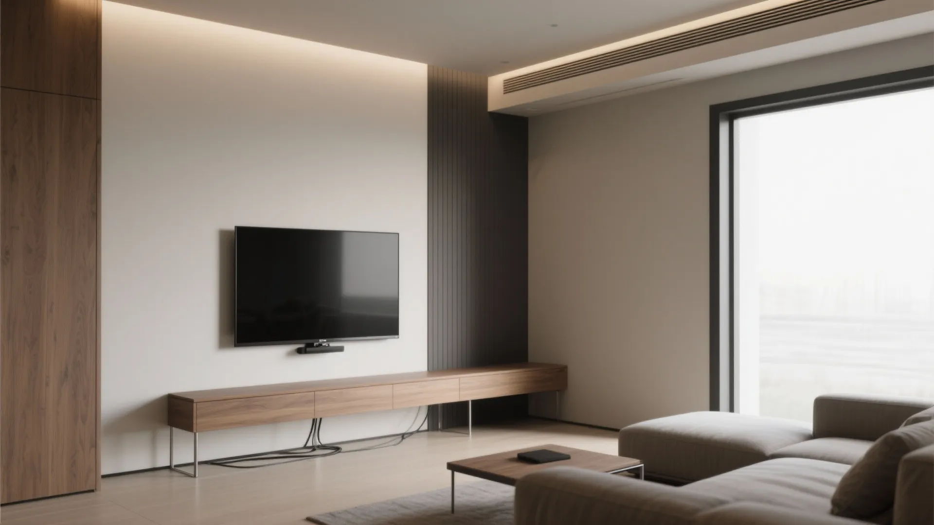 Slim L-shaped TV wall for a corner hall