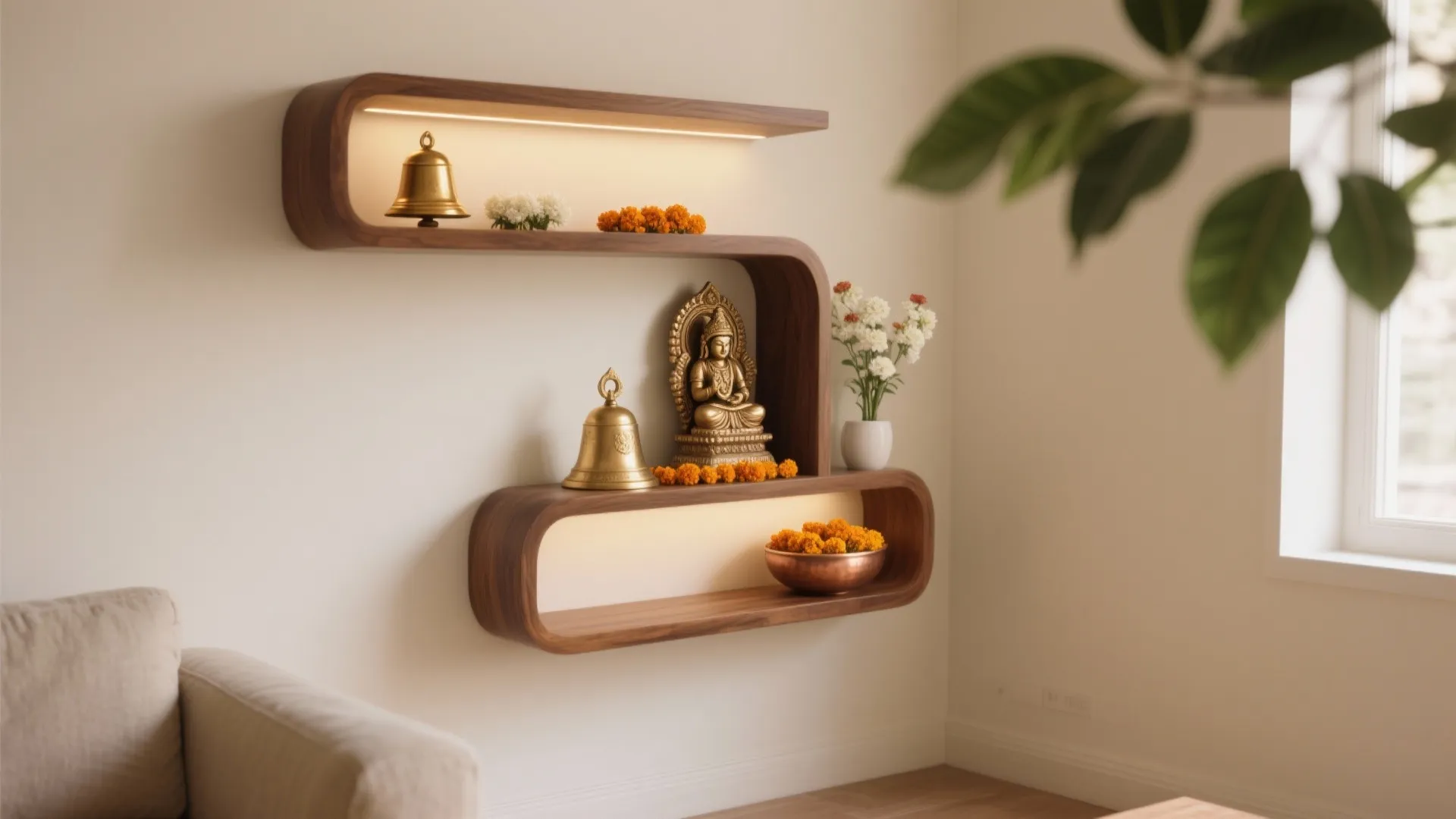 Modern curved wood wall shelf with golden bells Buddha statue flowers and soft yellow light