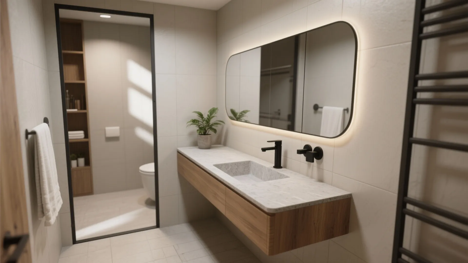 Modern bathroom with a wooden cabinet white marble sink black tap and large glowing mirror