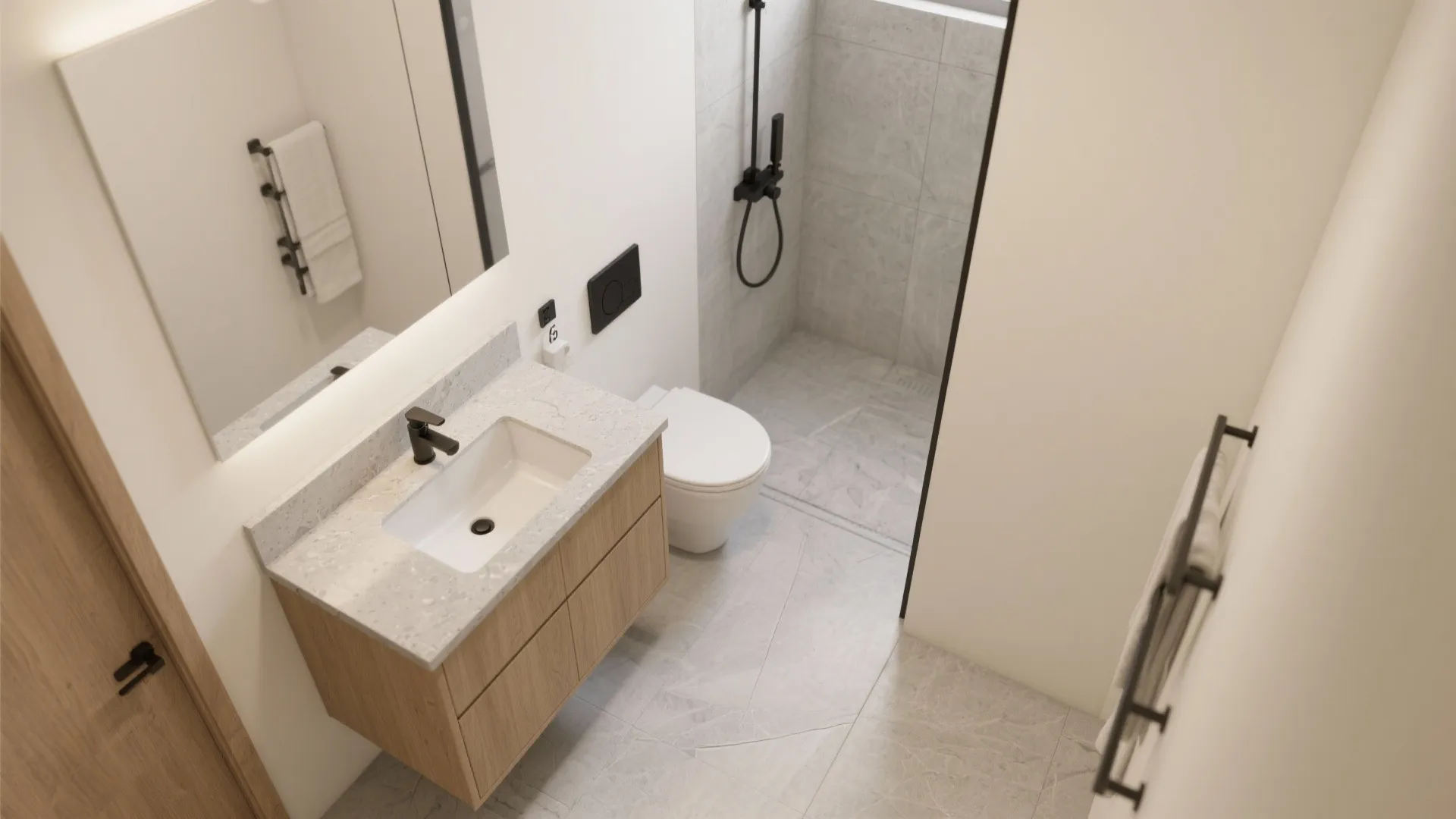 Modern bathroom design with wooden cabinet white sink black faucet toilet and grey tiled shower