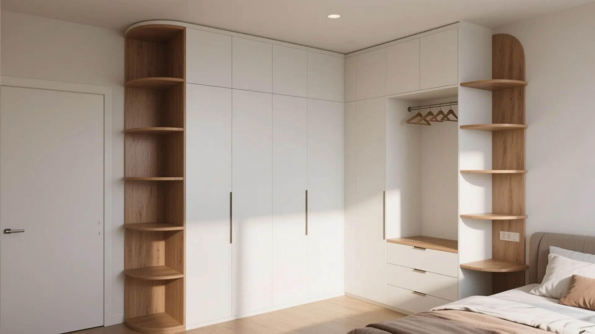 Corner white cabinet with open wood shelves and drawers in a modern minimalist style bedroom