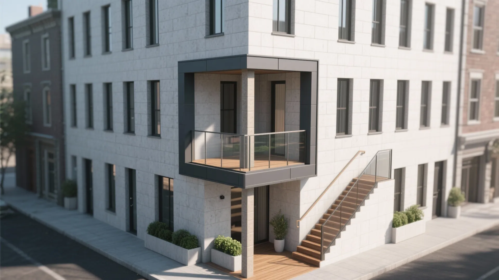 Modern white stone building with a corner balcony black frame wooden floor and outside stairs