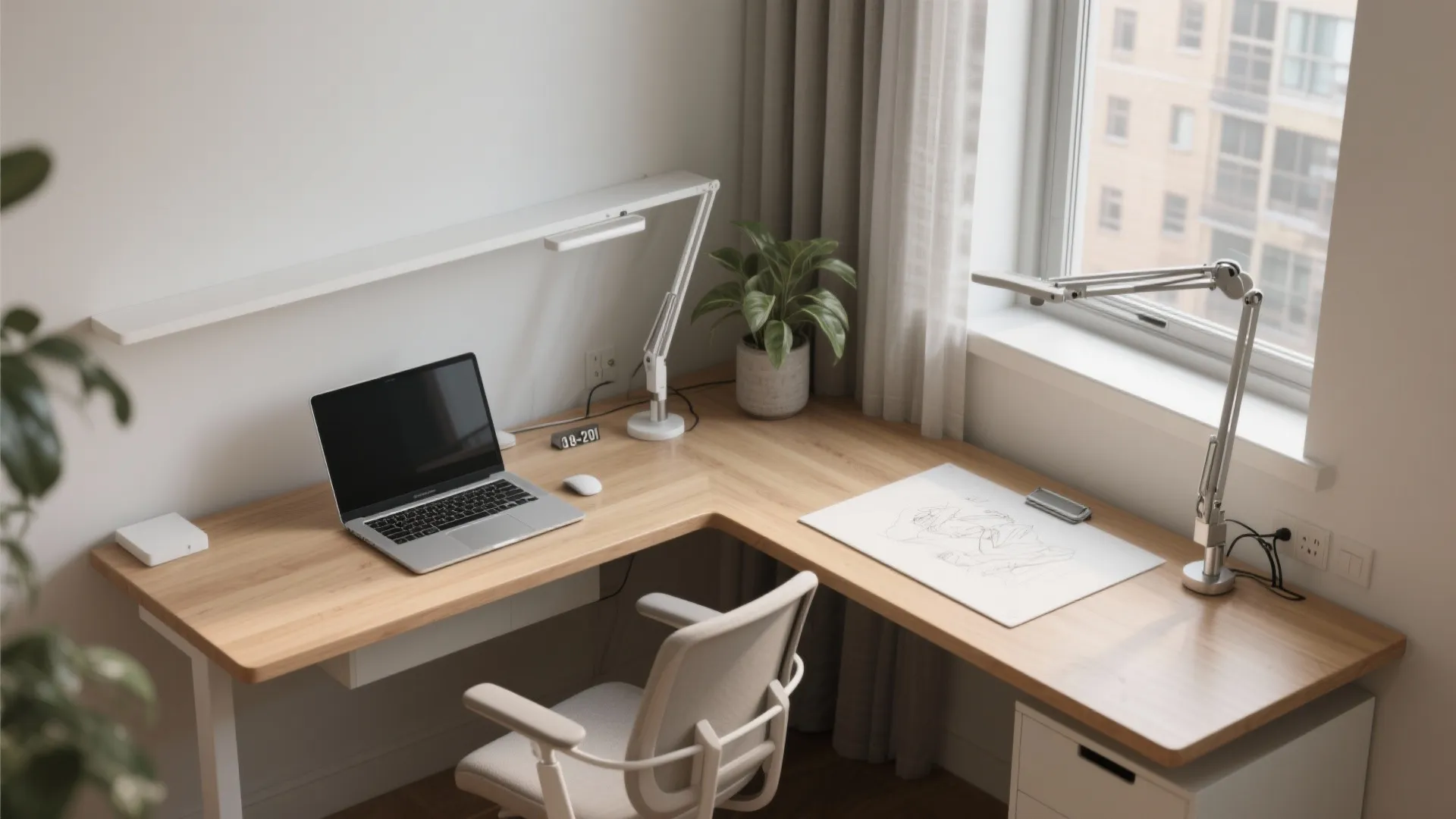 Corner wooden desk with a laptop office chair desk lamp and white plant pot interior