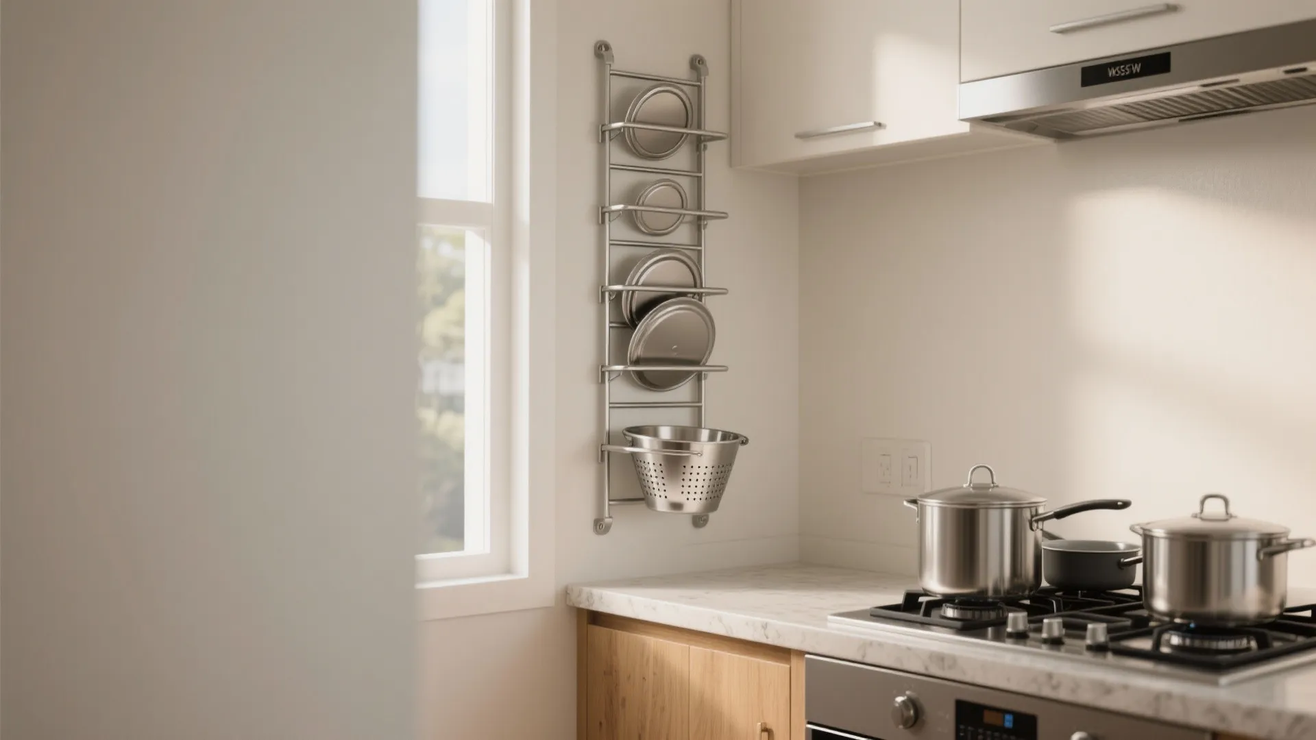 Modern kitchen with wall storage rack holding pot lids and metal bowl next to stove