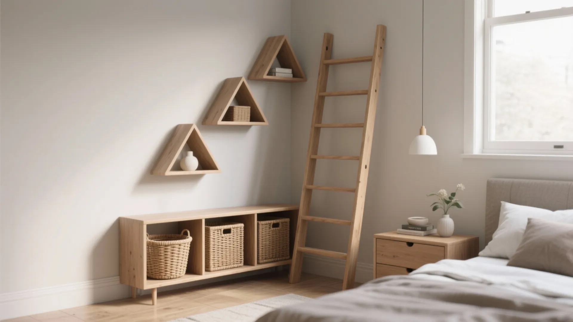 Bedroom corner with a slim ladder shelf and triangular corner shelves styled with baskets and decor.