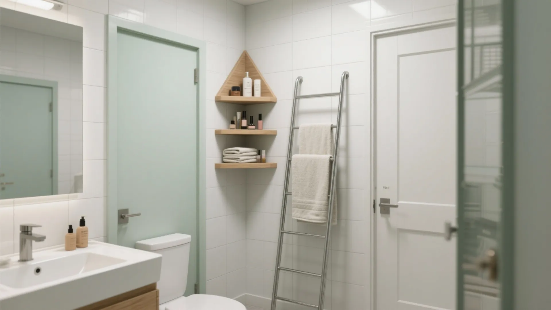 Leaning ladder shelf with towels and triangular corner shelves near a vanity in a tight bathroom.