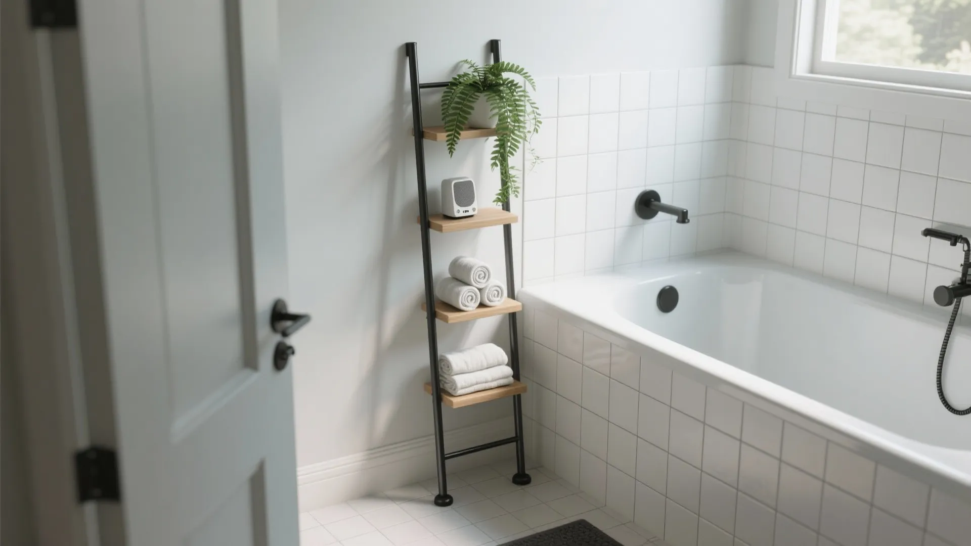 Corner ladder rack beside tub holding towels, small speaker, and a fern in a compact bath