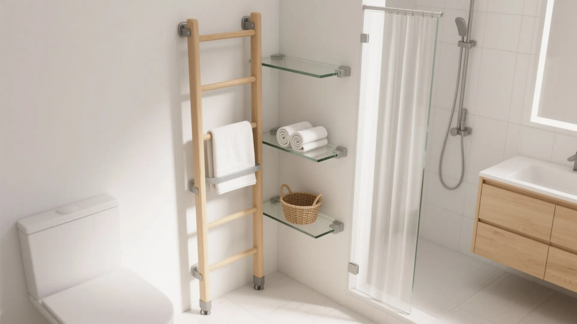 Bright bathroom with wooden towel ladder glass corner shelves white toilet and small wooden vanity cabinet